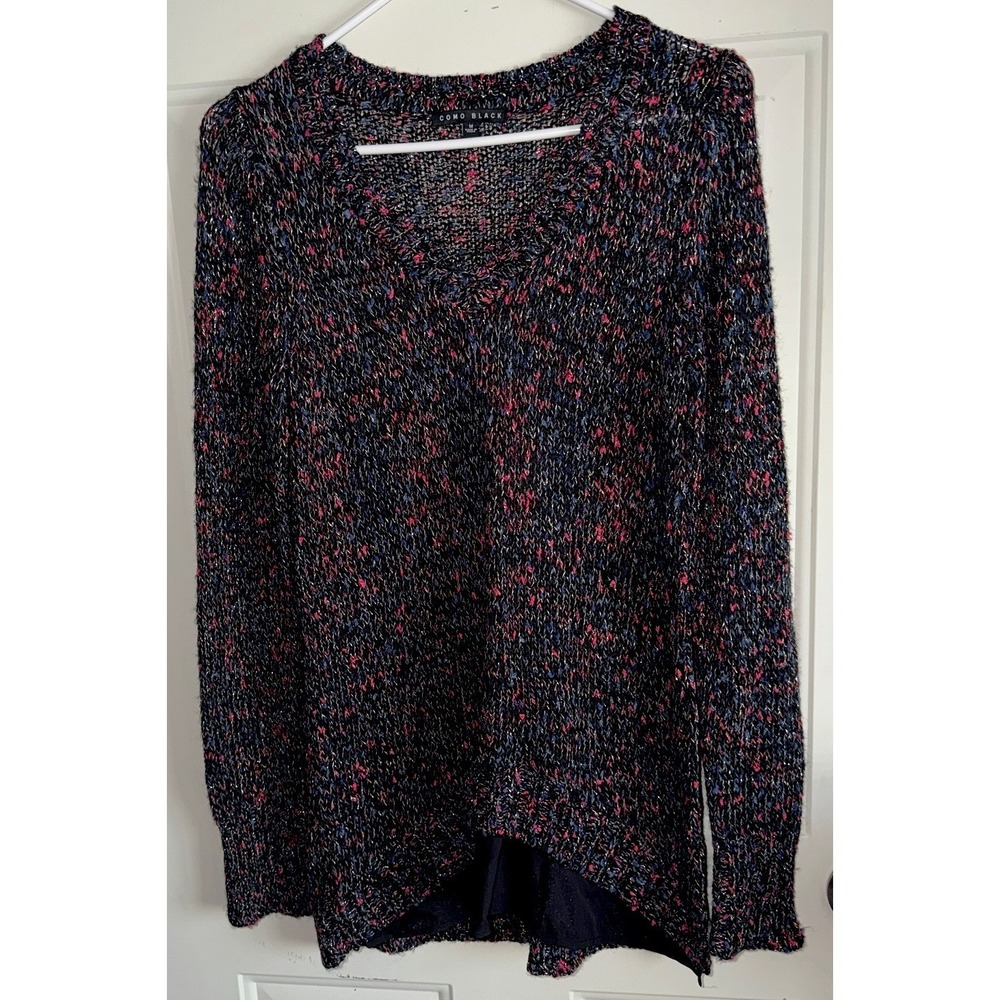 Como Black Womens M Marled Knit Sweater V Neck Chiffon Hem Metallic Long Sleeve